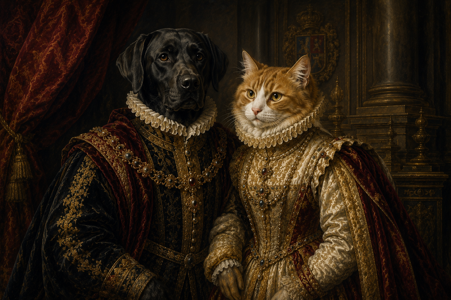 Custom royal pet portrait of a dog and cat in Renaissance style