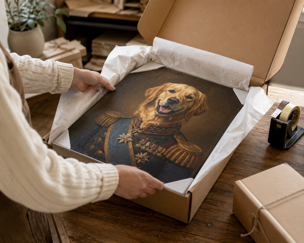 Finished custom pet portrait carefully packaged for delivery