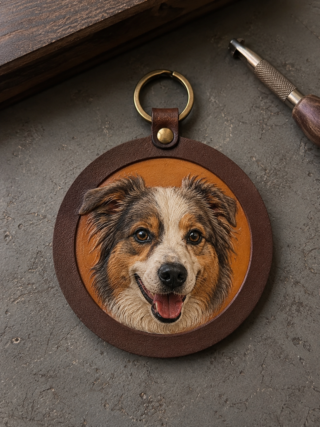 Finished handcrafted leather pet portrait