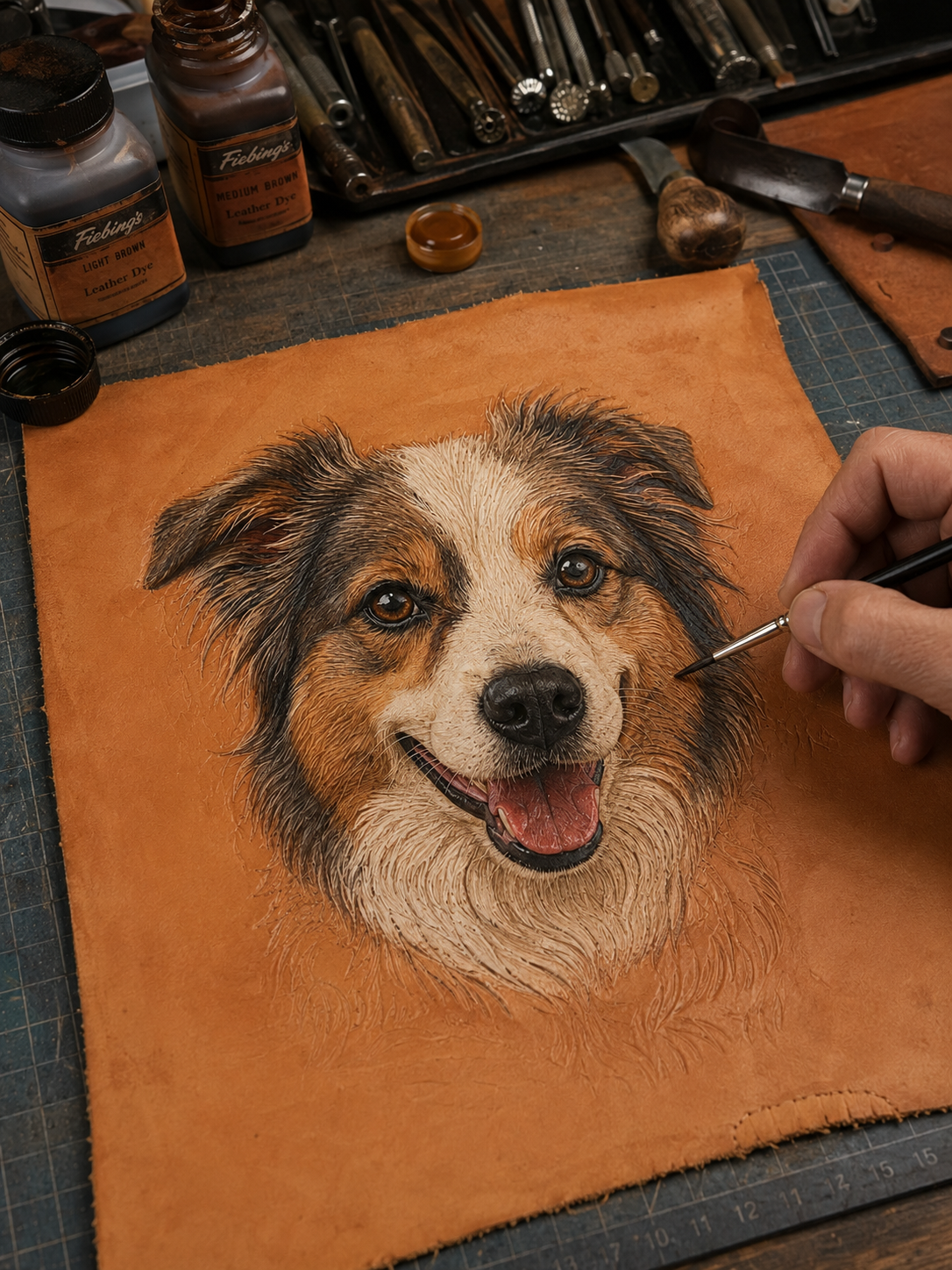 Handcrafting details of the leather pet portrait