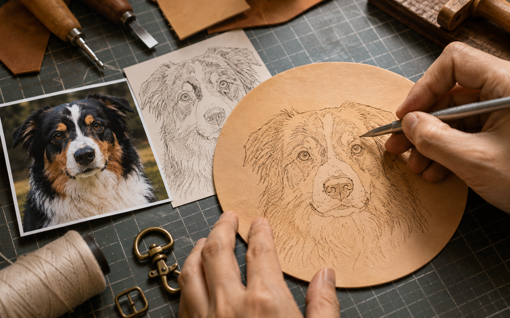 Pet portrait design traced onto vegetable-tanned leather
