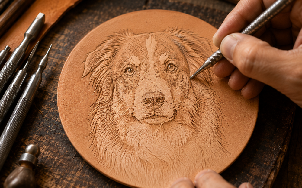 Leather pet portrait being carved by hand