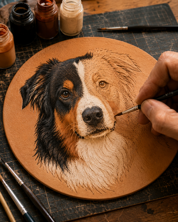 Leather pet portrait being colored by hand