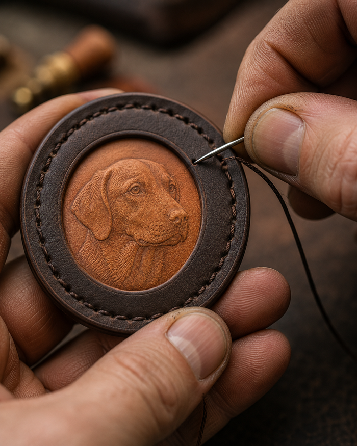 Raised leather edge being stitched by hand
