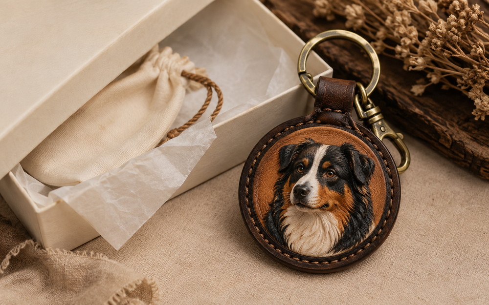Finished leather pet portrait keychain with hardware ready for delivery